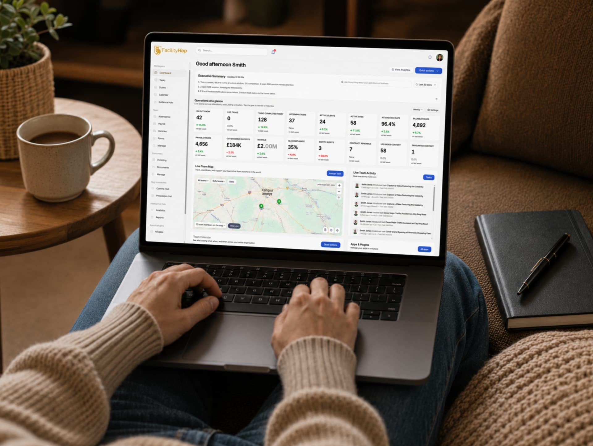 FacilityHop dashboard on a laptop