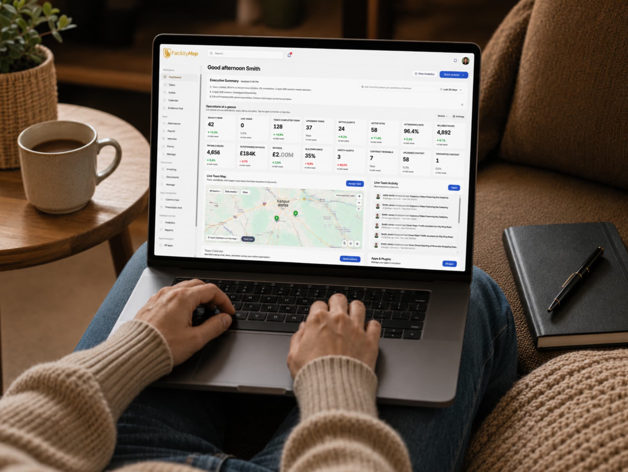 FacilityHop dashboard on a laptop